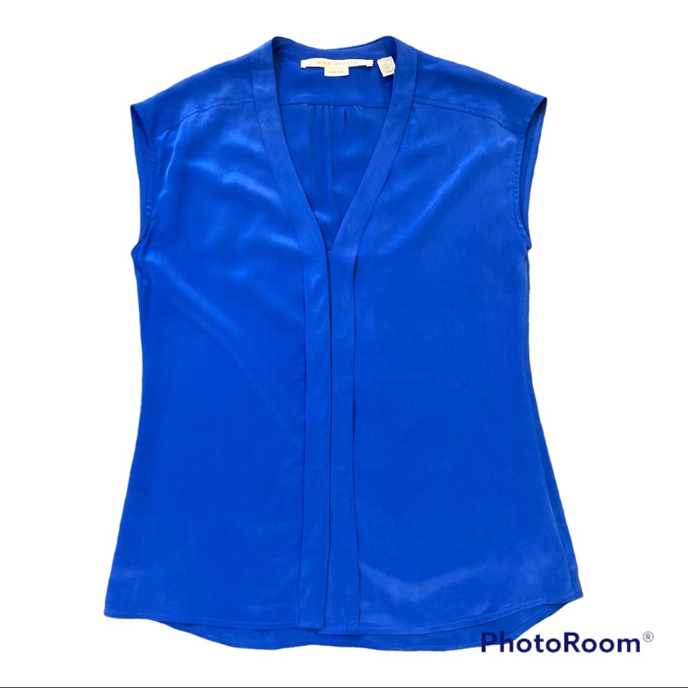 Max Studio 100% Silk Cobalt Button Down Top Sz S